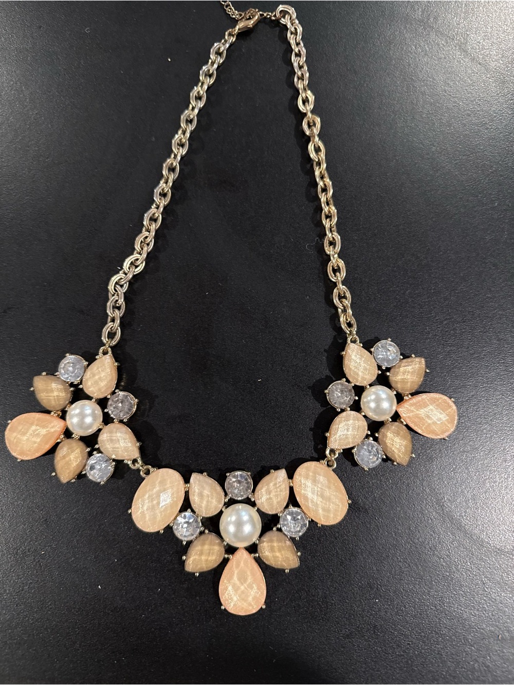 Gold-Tone Floral Statement Necklace with Peach Petals and Pearls 12” Gold Chain